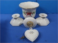 5 pc Lenox-2 Candlesticks, Clock, Ornament, Vase