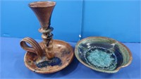 Tyler Pottery Candlestick, Pottery Bowl w/Glass