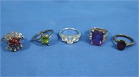 5 Sterling Rings w/Stones-sizes 6, 7, 8