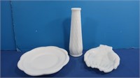 3 pc Milk Glass-Vase, Avon Hands Plate, Dish