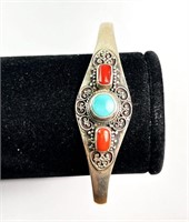 Sterling Turquoise/Coral Cuff Bracelet 20 Grams