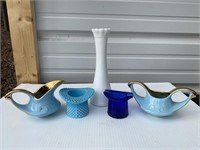 Milk Glass Vase Top Hats Sugar & Creamer Set