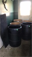 3 fiber board barrels, 2 plastic barrels and