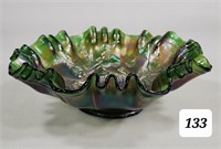 Green Carnival Glass Thistle 8-1/2" Ruffled Bowl