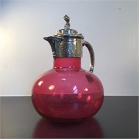CRANBERRY GLASS SILVER PLATE CARAFE