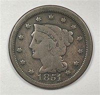 1851 Braided Hair Large Cent Good G+