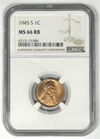 1945-S Lincoln Wheat Cent NGC MS66 RB