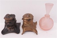 Lot #3056 - (2) brass floral inkwells and (1)