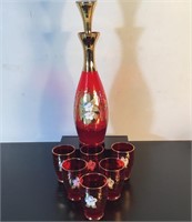 ENAMELLED RUBY GLASS DECANTER & 6 LIQUER GLASSES