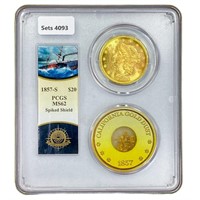 1857-S $20 Gold Dbl Eagle & Gold Flakes PCGS MS62