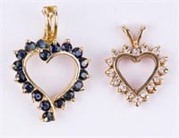 14K Gold Diamond, Sapphire Heart Pendants (2)