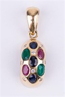 14K Gold Diamond, Ruby, Emerald & Sapphire Pendant