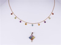 14K Gold Multi Color Gemstone Necklace & Pendant