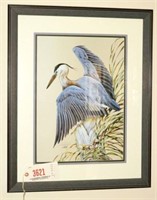 Lot #3621 - Framed Great Blue Heron print S/N