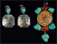 Southwestern, Native Am Style Pendant & Earrings
