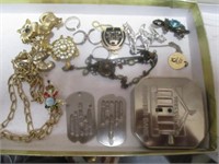 Box Lot Dime Bank Dog Tags Pins and Necklaces