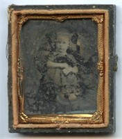 1900 Tin Type Photo Girl wtih Doll 2.5 x 3"