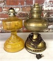 Amber Glass Oil Lamp and Metal Oil Lamp Converted