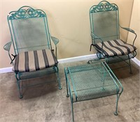 (2) VTG. GREEN WROUGHT IRON PATIO CHAIRS &