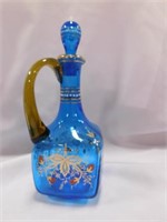 Vintage Blue Glass W/Flowers Cruet