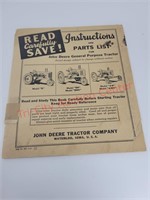 1940 styled B tractor owners manual / parts list