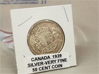 1939 Canada 50 Cent Coin - Silver - Very Fine