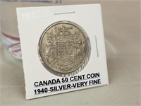 1940 Canada 50 Cent Coin - Silver - Very Fine