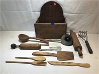 Primitive Wooden Box w/ Wooden Utensils and More