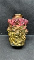 Vintage Goofus glass vase, 7" tall, red and gold