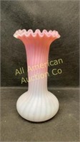 Pale pink to white frosted  ruffled & ribbed vase,