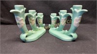 Pair of Weller "Wild Rose" trio candle holders
