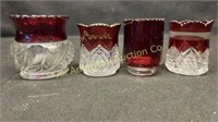 Four ruby red flash glass toothpick holders