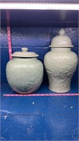 2 green vases w/ lids