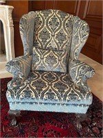 Queen Anne Blue Velvet Damask Wingback Chair 1/2