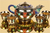 Sterling Silver Plique-À-Jour Chinese Teapot &Cups