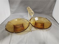 AMBER COLORED GLASS SERVING DISHES WITH GOLD CASE