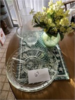 GLASS PITCHER, SERVING TRAY, FLOWERS