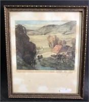 Antique Landscape Coloured Etching, Signed