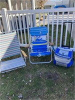 2 beach chairs and insulated cooler