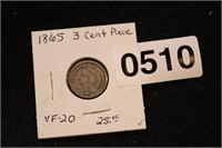 1865 3 CENT PIECE NICKEL (VF-20) (1) COIN