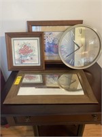2-Framed Prints, Round Gold Clock & Mirror
