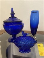 Colbalt Blue Candy Dish, Bird Dish & Vase