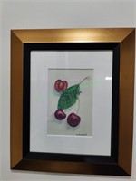 Painting of a cherry on artist board.