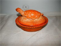 One-Brown slag type covered milk glass turtle