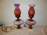 Pair of Cranberry hobnail electrified lamps
