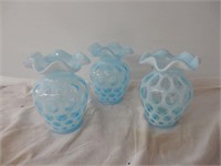 Group of 3 Fenton Matching Blue Coin Dot Fluted