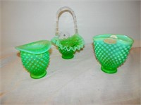 Group of 3 Fenton Green hobnail items-