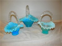 Group of 3 Blue hobnail basket with handles