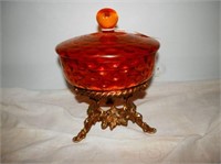 One-Cranberry Candy Dish with lid on ornate