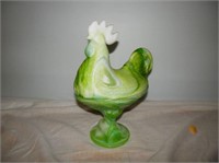 One-Green and White Slag glass rooster on nest